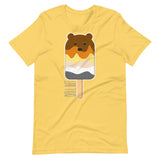 Yellow t-shirt with a bear popsicle graphic on a white background - Bear Paddle Pop T-Shirt – Gay Bear Pride Flag Parody Tee – LGBTQ+ pride t-shirts US UK – Gay pride shirts collection – Made-to-order gay apparel