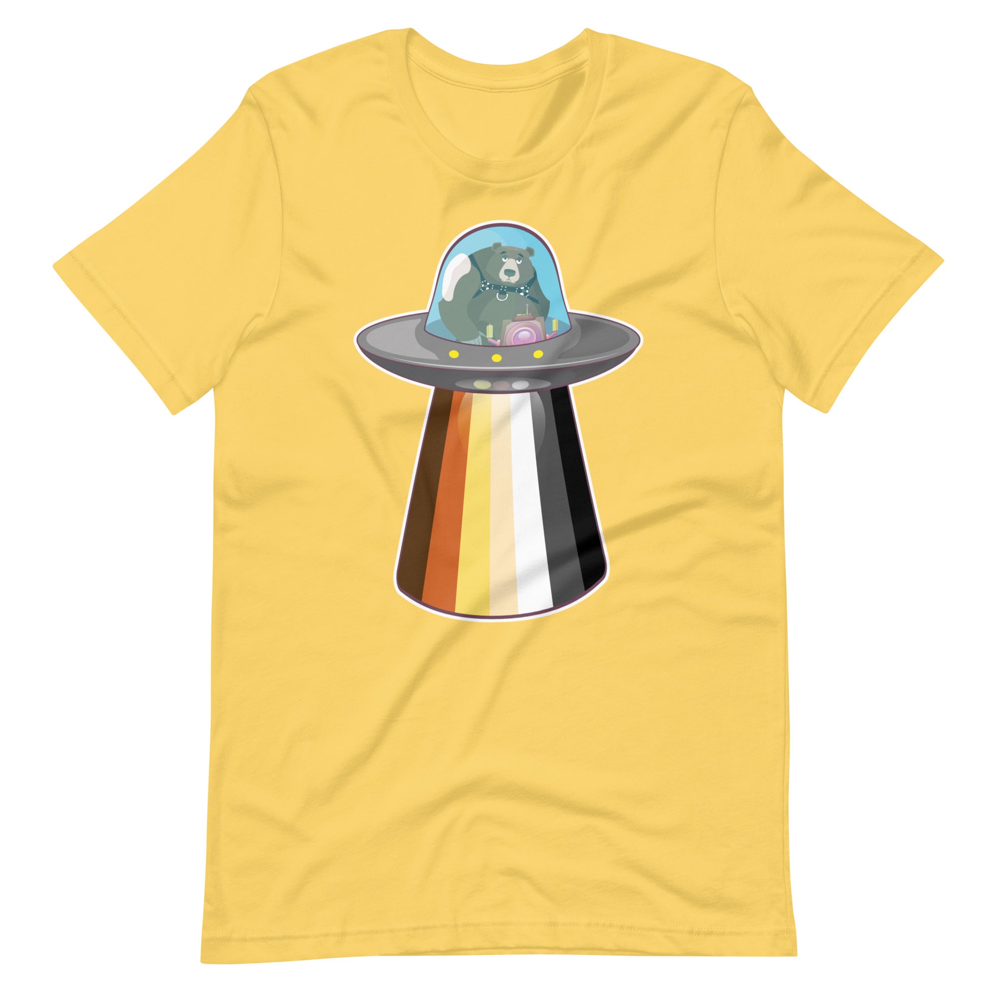 Gay bear tee UFO leather bear design in yellow flat lay - UFO Bear T-Shirt – Gay Leather Pride Tee for Bears – LGBTQ+ pride t-shirts US UK – Gay pride shirts collection – Made-to-order gay apparel