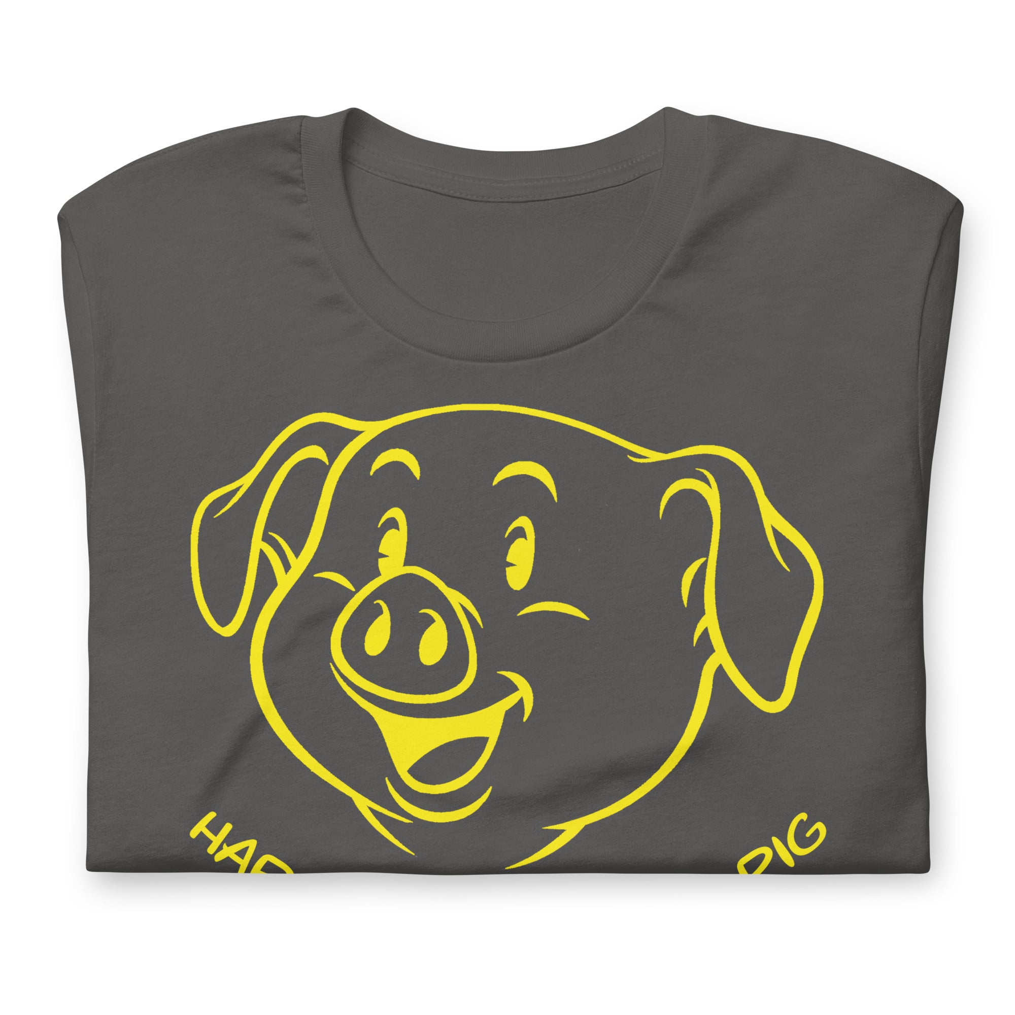 Folded asphalt grey Happy Little Piss Pig t-shirt - watersports kink pride LGBTQ+ tee by BackRoom Gear
