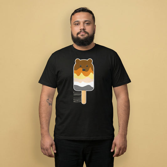 Man wearing a black t-shirt with a bear popsicle graphic on a beige background - Bear Paddle Pop T-Shirt – Gay Bear Pride Flag Parody Tee – LGBTQ+ pride t-shirts US UK – Gay pride shirts collection – Made-to-order gay apparel