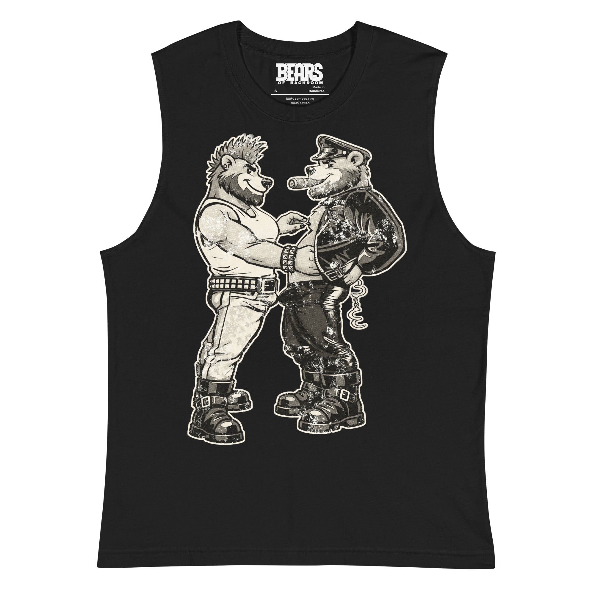 Bears of Backroom Leather & Punk Bear Muscle Tank – front view, black unisex muscle tank