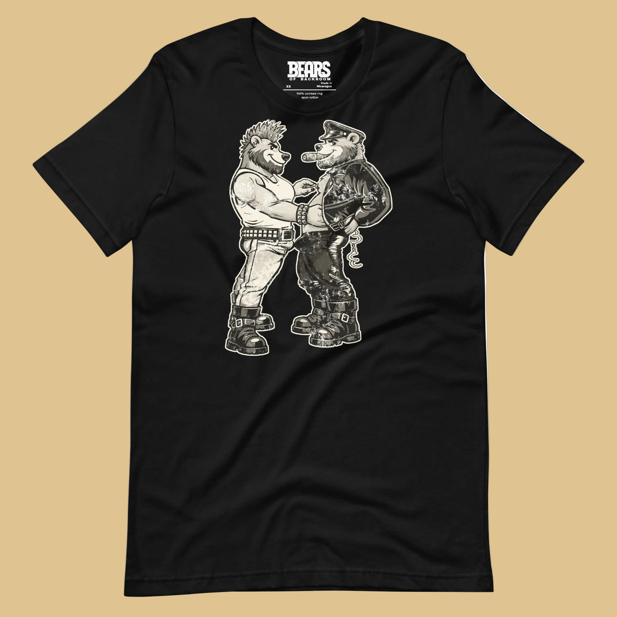 Bears of Backroom Leather & Punk Bear Tee – front view, black unisex t-shirt, Tom of Finland inspired