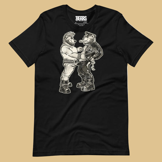 Bears of Backroom Leather & Punk Bear Tee – front view, black unisex t-shirt, Tom of Finland inspired