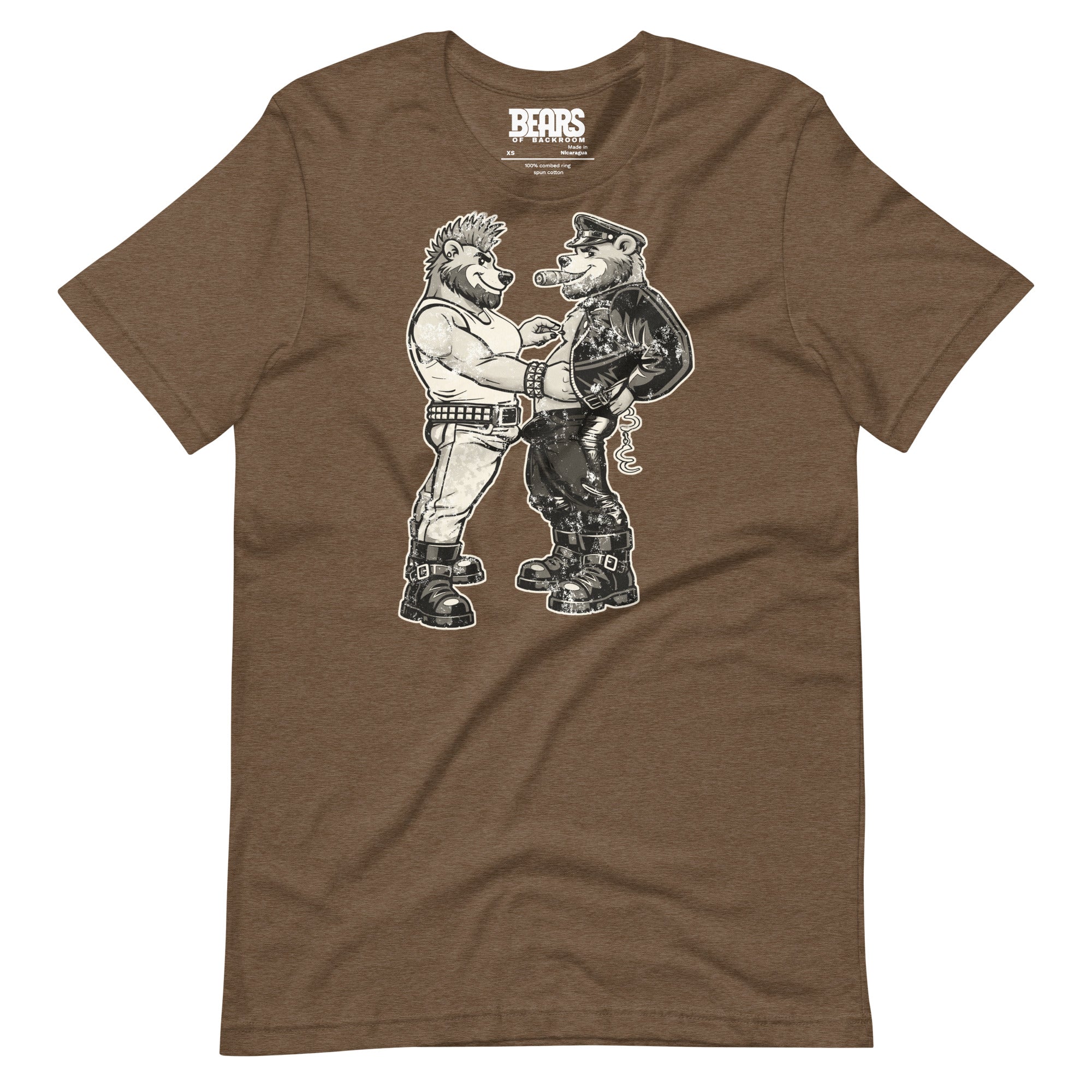 Bears of Backroom Leather & Punk Bear Tee – front view, heather brown unisex t-shirt