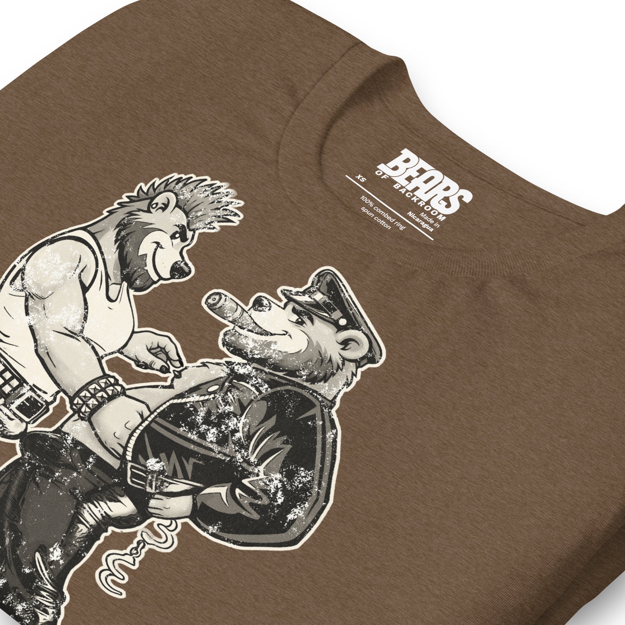 Bears of Backroom Leather & Punk Bear Tee – close-up of Bear graphic print, heather brown
