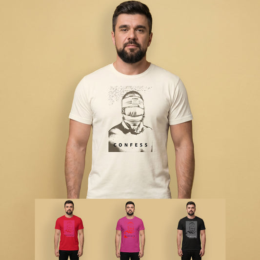 A gay man wearing a vintage white t-shirt with a Blind Jock graphic design and 'CONFESS' text. 3 small, seperate colour ways are on the lower part of the image.