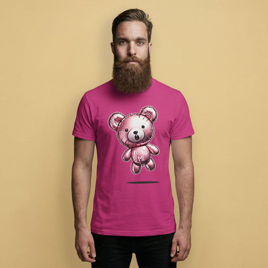 Gay Man wearing a pink t-shirt with a teddy bear balloon design with the words "BLOW ME" on a beige background - Berry pink Blow Me Bear t-shirt - funny gay pride balloon tee by BackRoom Gear