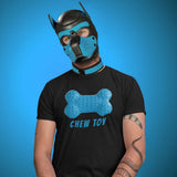 Gay pup wearing a black t-shirt with a blue bone design and 'CHEW TOY' text, paired with a black and blue mask on a blue background.