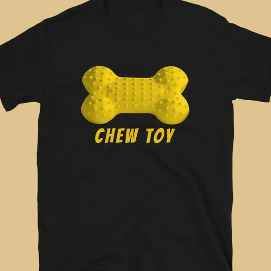 Black t-shirt with a yellow bone-shaped chew toy graphic and 'CHEW TOY' text on a beige background