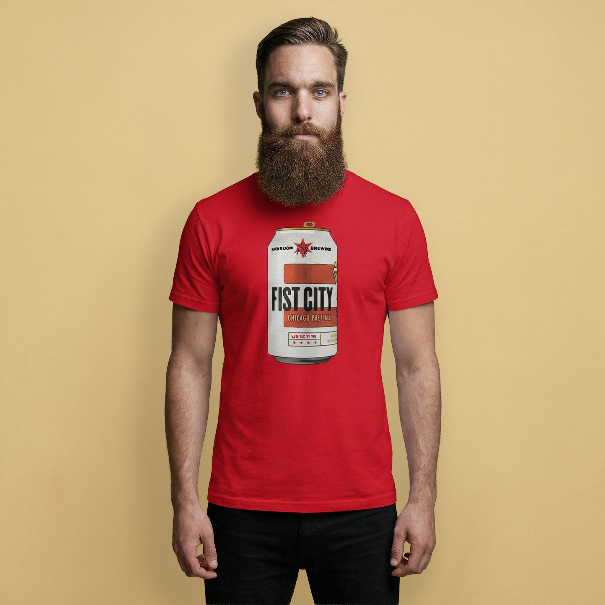 Man wearing Fist City Ale T-Shirt featuring bold design, celebrating Fisting Kink Pride in a vintage beer can style.