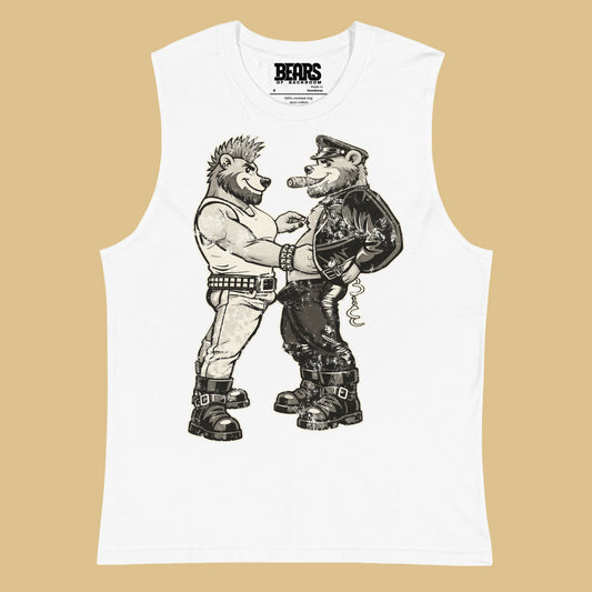 White sleeveless Bears of Backroom Leather & Punk Bear Muscle Tank – flat lay, vintage white sleeveless shirt on a beige background