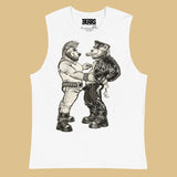 White sleeveless Bears of Backroom Leather & Punk Bear Muscle Tank – flat lay, vintage white sleeveless shirt on a beige background