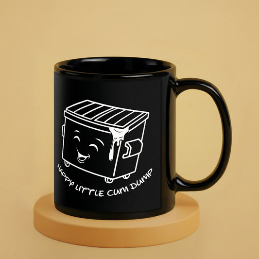 Happy Little Cum Dump black glossy ceramic mug with cartoon dumpster graphic - Backroom Gear