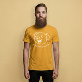 Gay Man wearing a mustard yellow t-shirt with a smiling pig graphic and text saying "Happy Little Piss Pig" on a beige background - Mustard yellow Happy Little Piss Pig t-shirt - watersports kink pride LGBTQ+ tee by BackRoomGear
