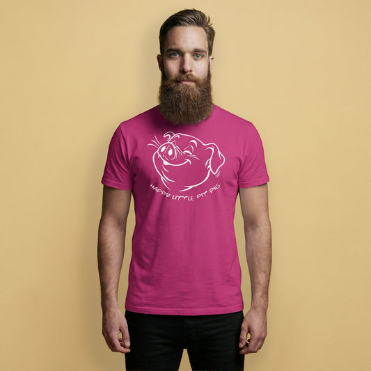 Gay man wearing Happy Little Pit Pig t-shirt in berry with cartoon pig sniffing armpit graphic- Backroom Gear