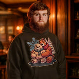 Gay bear wearing a hoodie with cartoon bears design in a bar setting - Hoodie featuring cuddly bear winter design - cozy winter wear for US gay bear community
