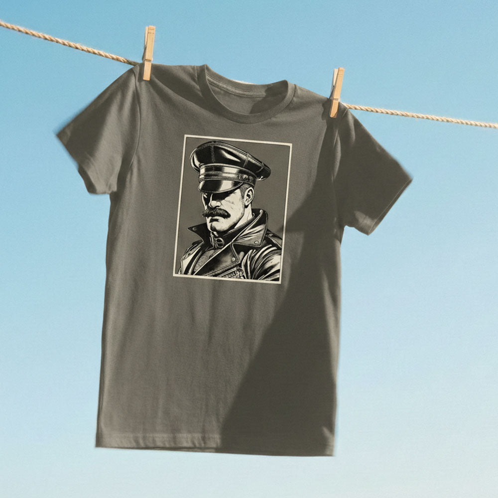 Army Gray t-shirt with a printed design of a person in a uniform on a clothesline against a blue sky