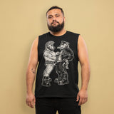 Man wearing a black sleeveless Bears of Backroom Leather & Punk Bear Muscle Tank from Backroom Gear against a beige background