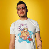Gay bear wearing a white t-shirt with a pool bear graphic and 'Chill' text on a yellow background - Bear Pool Pride T-Shirt | Chubby Bear Graphic Tee – Gay pride shirts collection – LGBTQ+ pride t-shirts US UK – Made-to-order gay apparel