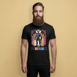 Gay Man wearing a black t-shirt with a colorful Leather Demon Pride Month graphic design and text on a beige background - Pride Month DEMON T-Shirt Bold LGBTQ+ Pride Apparel – Gay pride shirts collection – LGBTQ+ pride t-shirts US UK – Made-to-order gay apparel