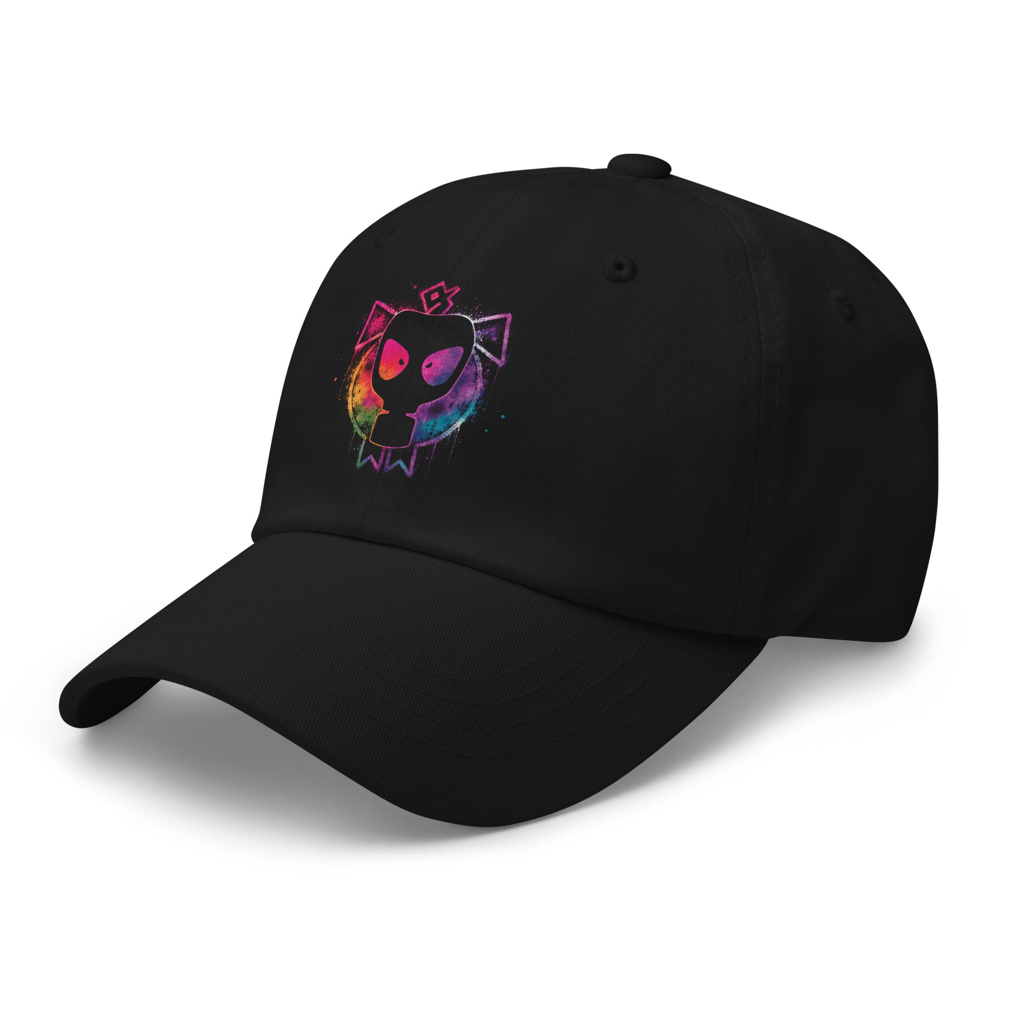 Pride Pig Cap – left front angle view, black Gay Pride printed hat