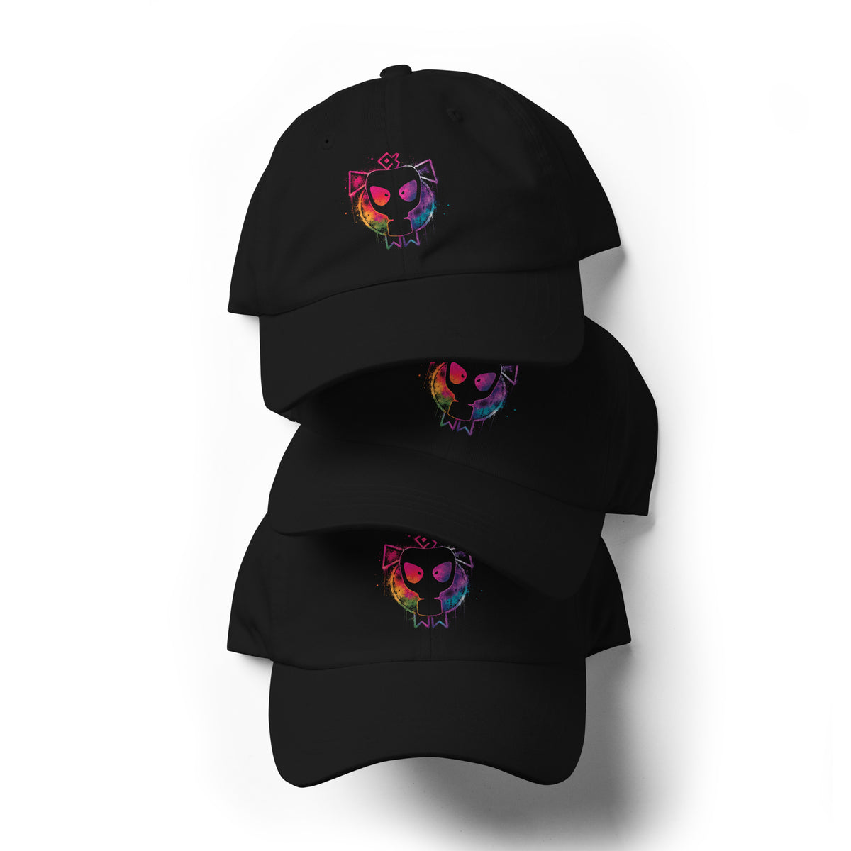 Stack of 3 Pride Pig Caps – front view close-up showing printed graphic detail