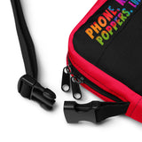 Pride Pig Utility Bag – product detail showing black and red colourway with Pride "phone, keys, poppers, lube" text