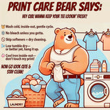 Cartoon care bear giving laundry advice with text and a washing machine in the background