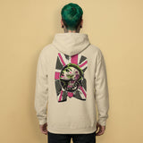 gay man wearing a beige hoodie with a unique homosexual punk design on the back against a beige background - Sand Queer Punk Anthem hoodie - gay rebel pride LGBTQ+ pullover by BackRoomGear