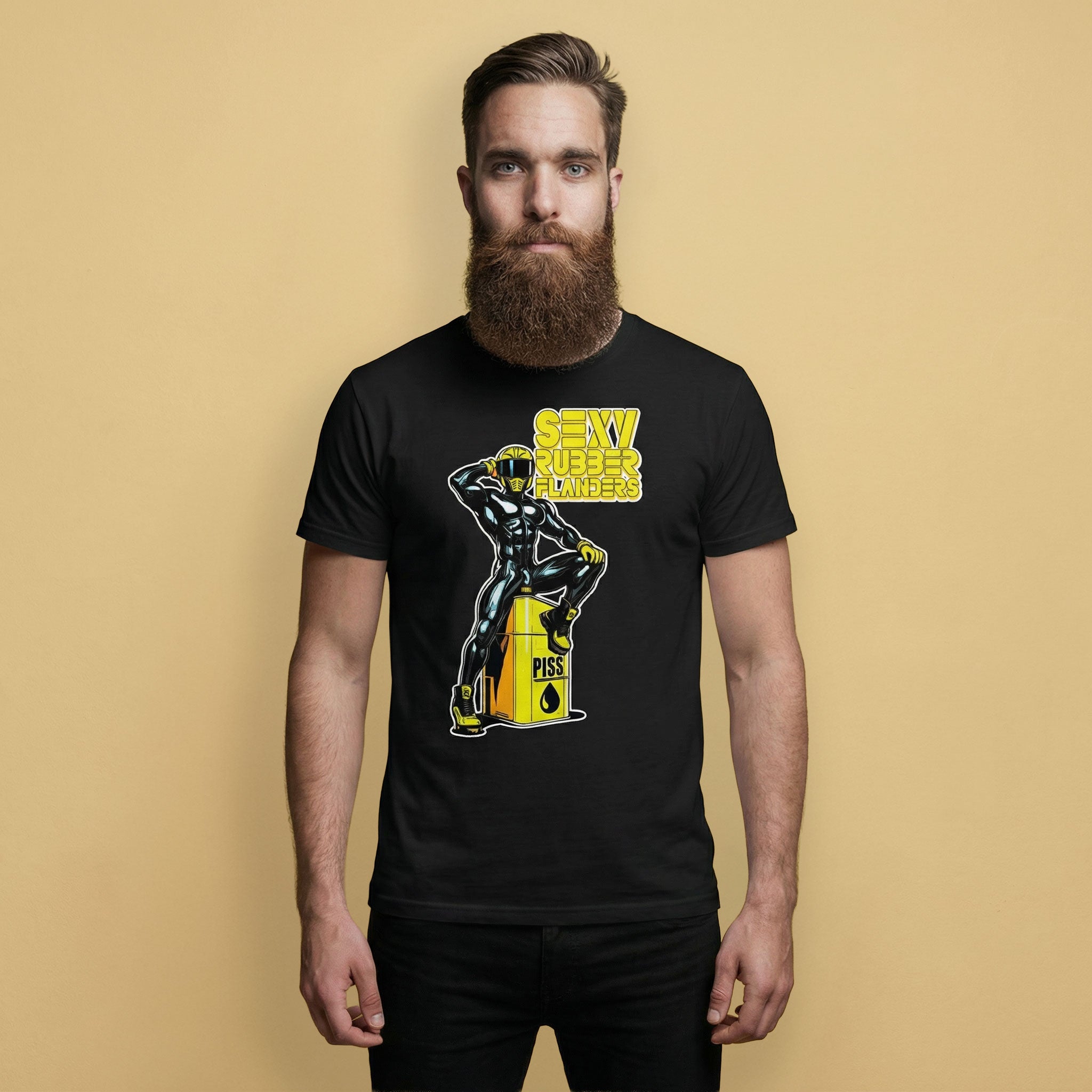 gay Man wearing a black t-shirt with a man in rubber with yellow helmet and shoes sitting on top of a square barrel of piss graphic design on a beige background  - Black and yellow Sexy Rubber Flanders t-shirt - kinky latex rubber kink tee by BackRoomGear