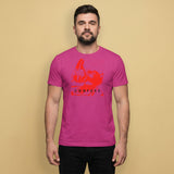 A gay man wearing a berry pink t-shirt with a Sneaker Pup graphic design and 'CONFESS' text