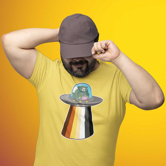 Man wearing UFO Bear Yellow T-Shirt - BackRoomGear - your LGBTQI Gay Kink Apparel Store