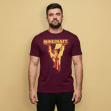 Man wearing a maroon t-shirt with 'MINESHAFT' graphic design on a beige background - Retro LGBTQ+ pride t-shirts US UK – Gay pride shirts collection – Made-to-order gay apparel