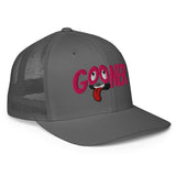 sideview of cap with 'GOONER' text, rolled eyes and hanging tongue - Backroom Gear