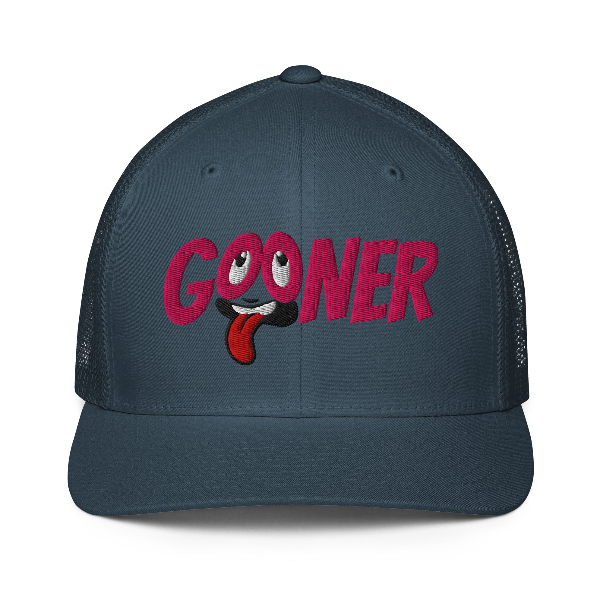 Navy cap with 'GOONER' text, rolled eyes and hanging tongue - Backroom Gear