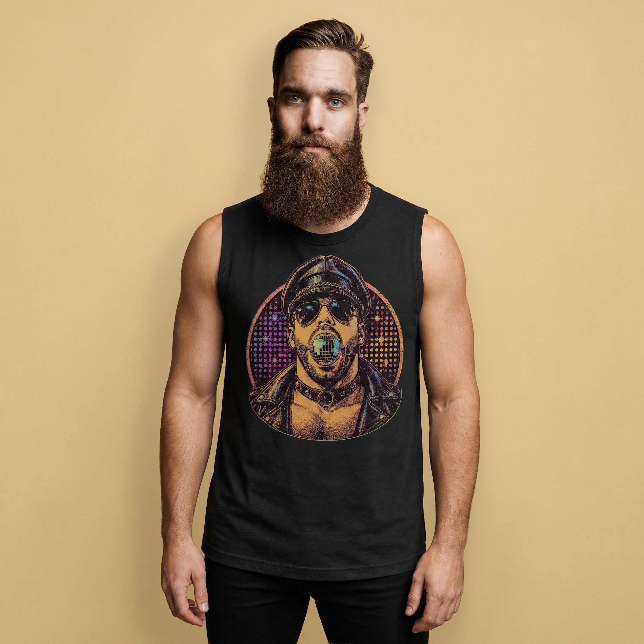 Bearded male model wearing the black Disco Daddy Muscle Shirt against beige.