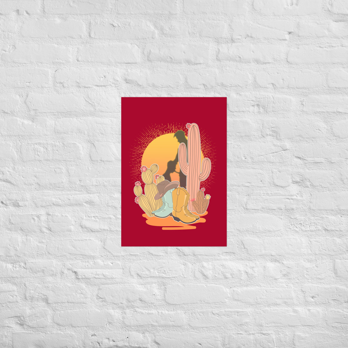 A vintage style poster featuring a sunset with two silhouetted figures, one sitting sucking the one standing, surrounded by cacti, against a red background - Vintage Brokeback Cowboy poster - western gay pride print by BackRoom Gear