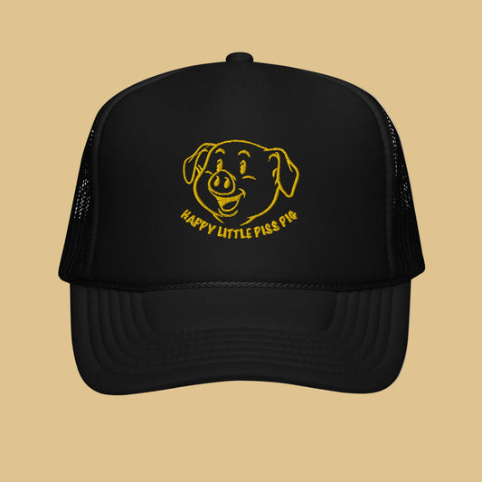 Front view of a Black truckers cap featuring an outline of a smiling pig face with "Happy little Piss Pig" underneath. - Black Happy Little Piss Pig trucker cap - watersports kink pride hat by BackRoomGear