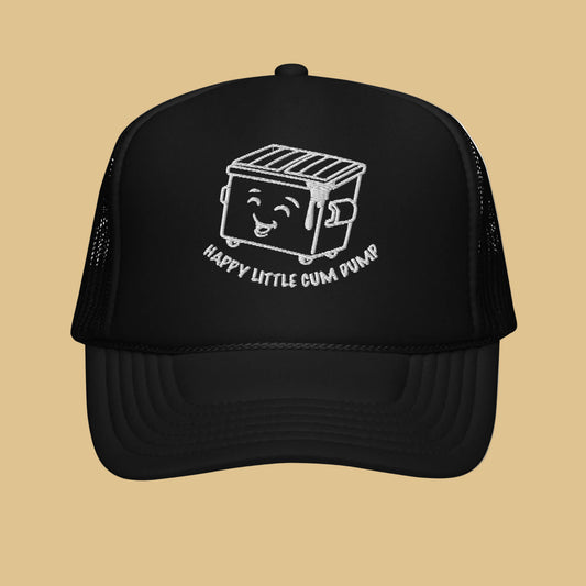 Happy Little Cum Dump trucker cap with cartoon dumpster graphic on black mesh snapback hat - Backroom Gear