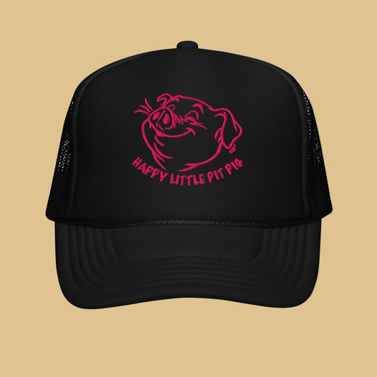 Happy Little Pit Pig trucker cap with cartoon pig sniffing armpit graphic on black mesh snapback hat - Backroom Gear