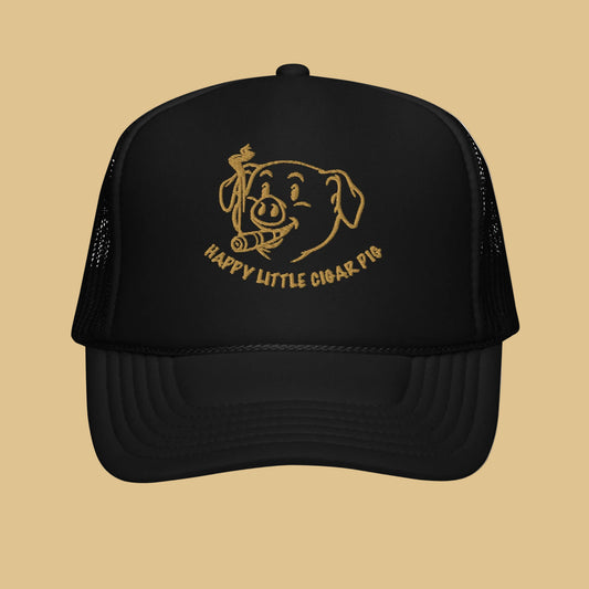 Happy Little Cigar Pig trucker cap with cartoon pig smoking cigar graphic on black mesh snapback hat - Backroom Gear