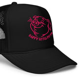 Closeup of Happy Little Pit Pig trucker cap with cartoon pig sniffing armpit graphic on black mesh snapback hat - Backroom Gear