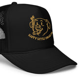 Closeup of Happy Little Cigar Pig trucker cap with cartoon pig smoking cigar graphic on black mesh snapback hat - Backroom Gear