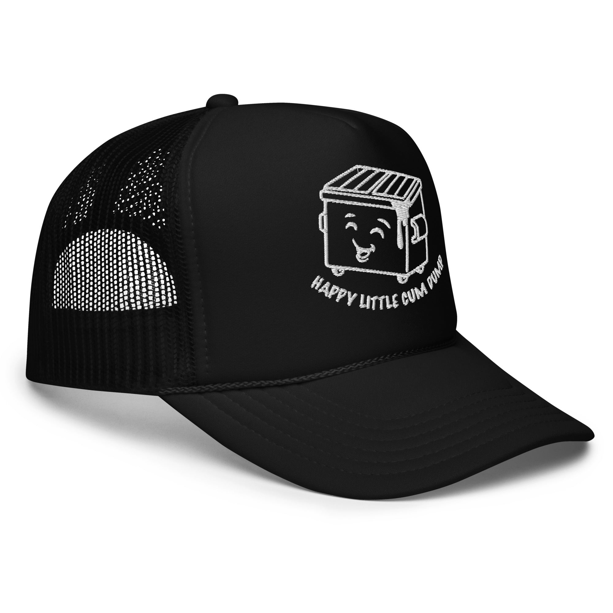 side view of Happy Little Cum Dump trucker cap with cartoon dumpster graphic on black mesh snapback hat - Backroom Gear