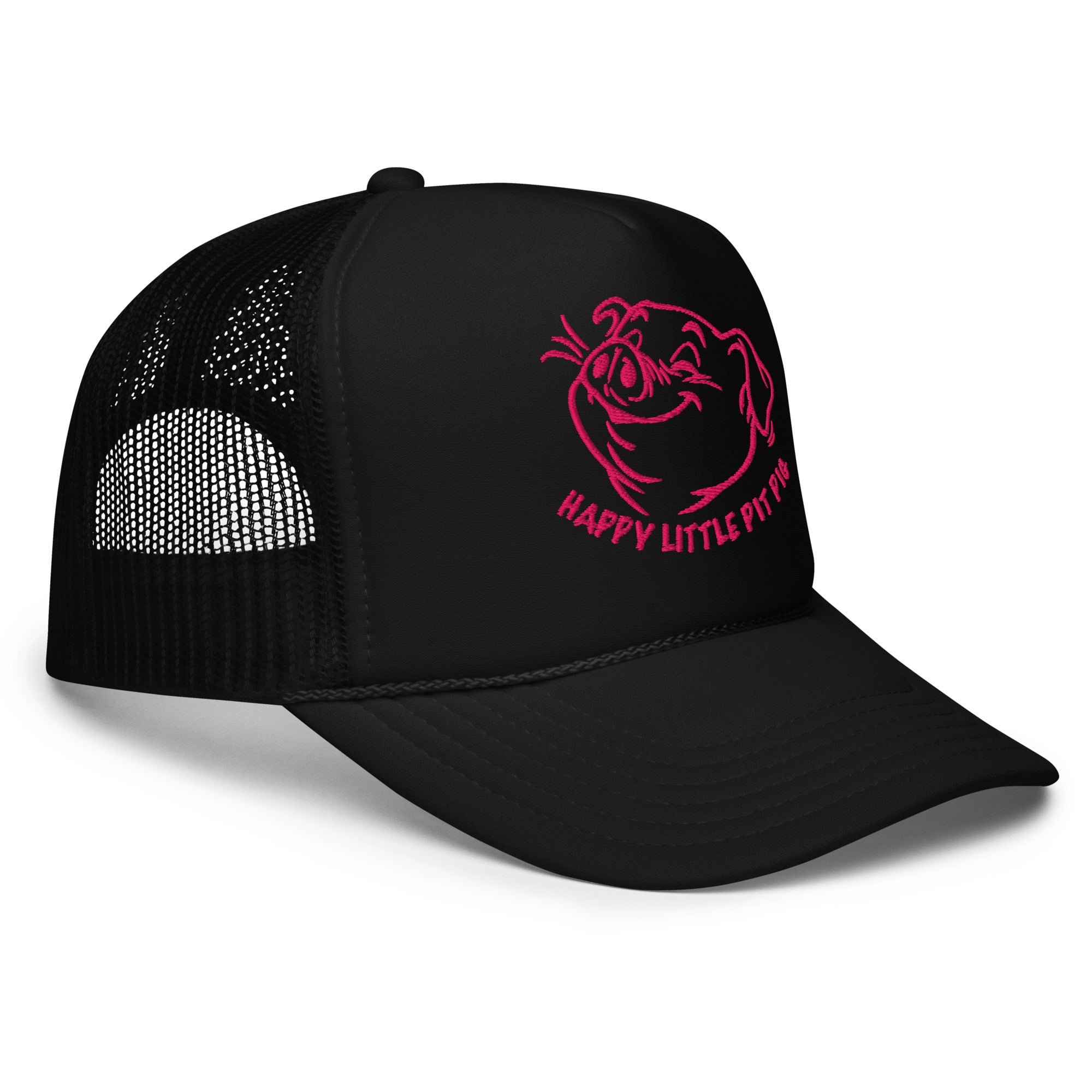 side view of Happy Little Pit Pig trucker cap with cartoon pig sniffing armpit graphic on black mesh snapback hat - Backroom Gear
