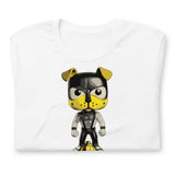 Folded white shirt featuring a pop vinyl puppy with a yellow and black hood on top of a yellow fire hydrant - Watersports Puppy Pride t-shirt - gay pup play kink tee by BackRoom Gear - flagging yellow