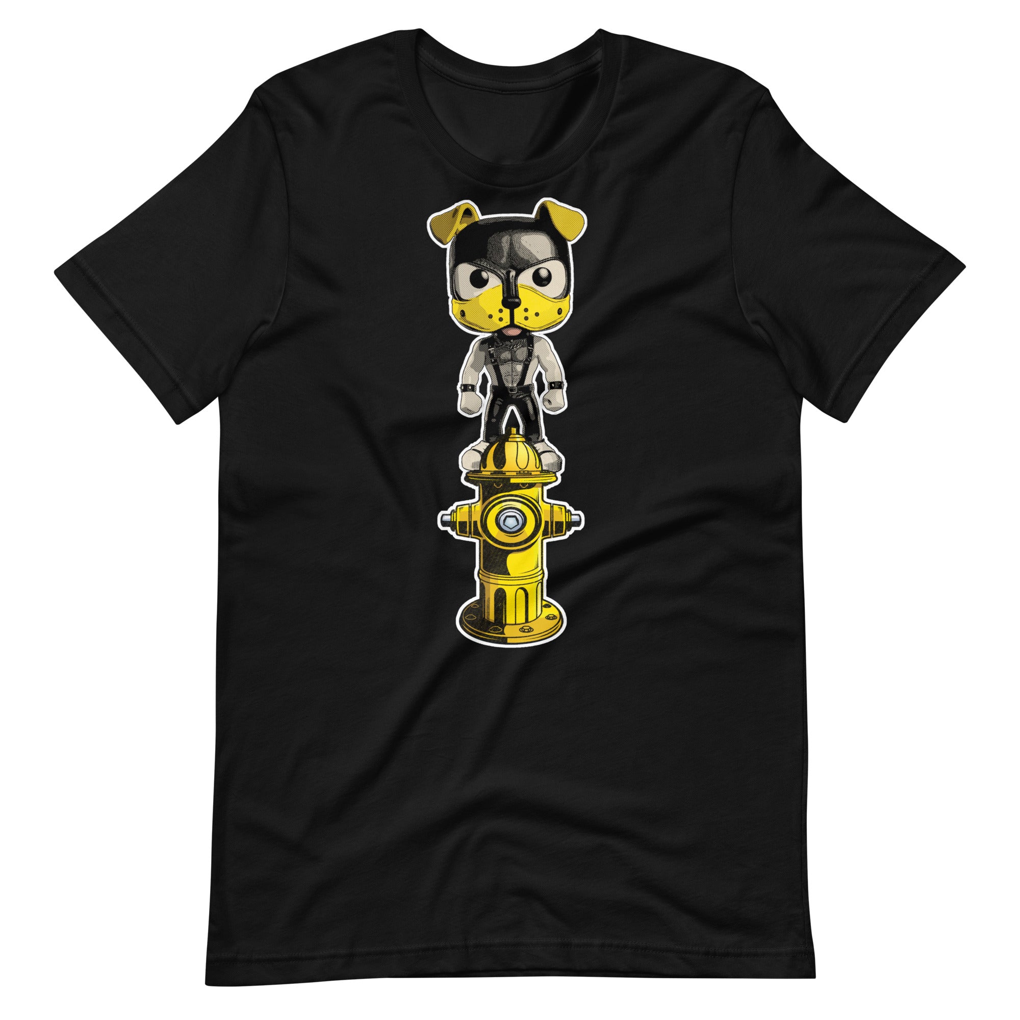 Black shirt featuring a pop vinyl puppy with a yellow and black hood on top of a yellow fire hydrant - Watersports Puppy Pride t-shirt - gay pup play kink tee by BackRoom Gear - flagging yellow
