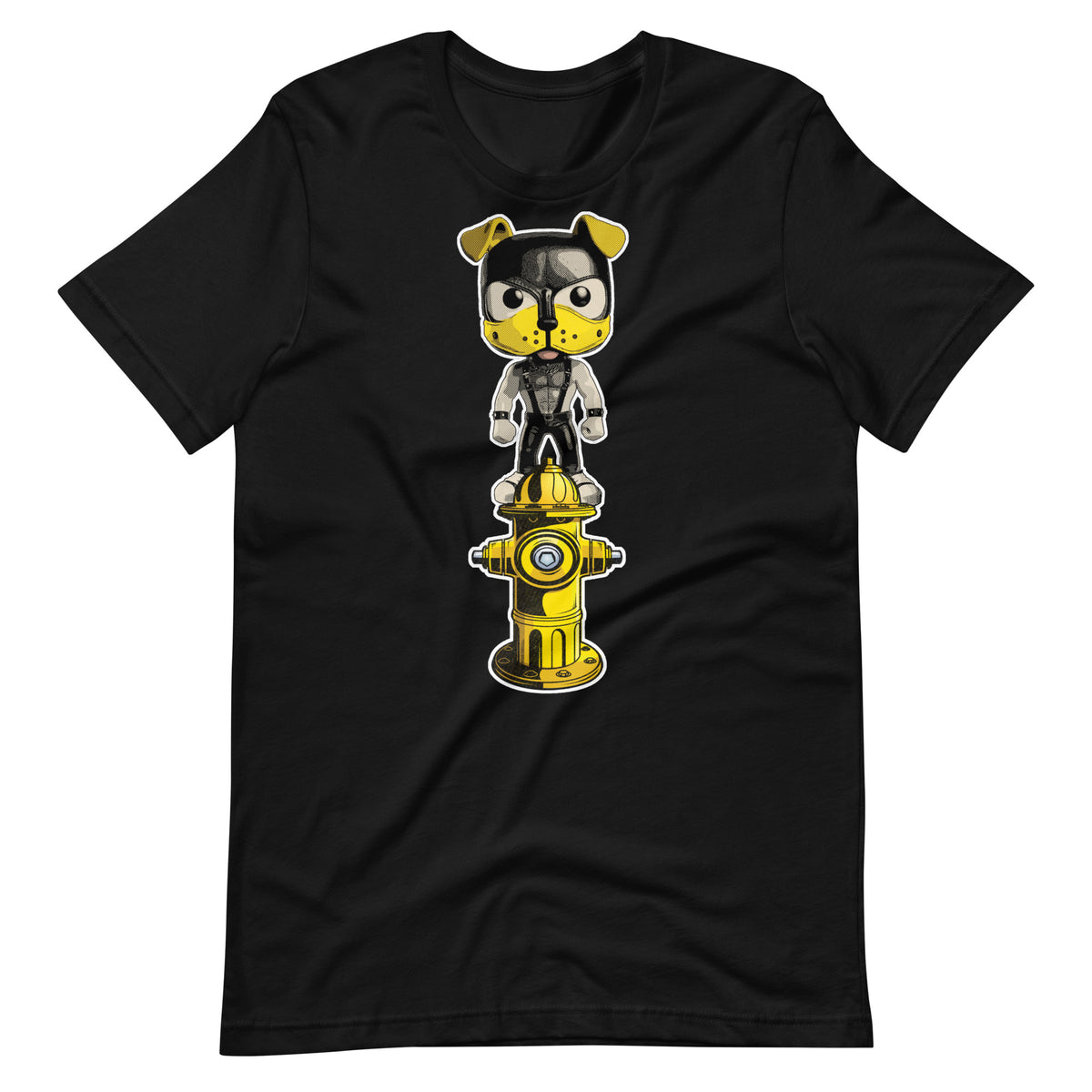 Black shirt featuring a pop vinyl puppy with a yellow and black hood on top of a yellow fire hydrant - Watersports Puppy Pride t-shirt - gay pup play kink tee by BackRoom Gear - flagging yellow