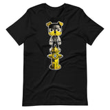 Black shirt featuring a pop vinyl puppy with a yellow and black hood on top of a yellow fire hydrant - Watersports Puppy Pride t-shirt - gay pup play kink tee by BackRoom Gear - flagging yellow