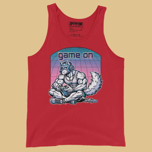 Red tank top with a gamer pup graphic design